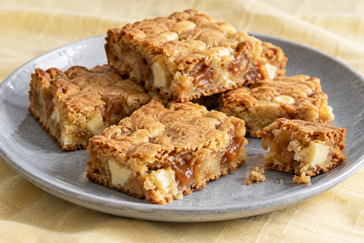 Blondies med karamelstykker – illustrationsbillede