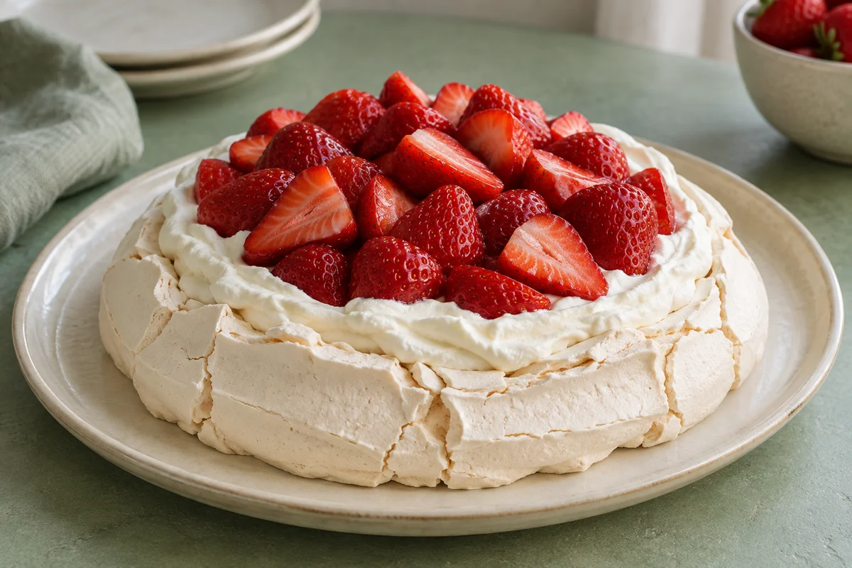 Pavlova med jordbær – illustrationsbillede