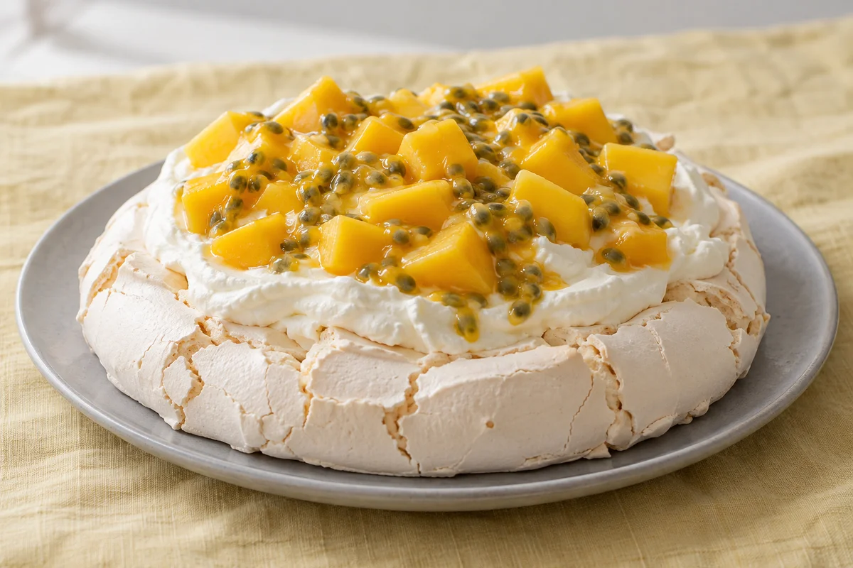 Pavlova med mango og passionsfrugt – illustrationsbillede